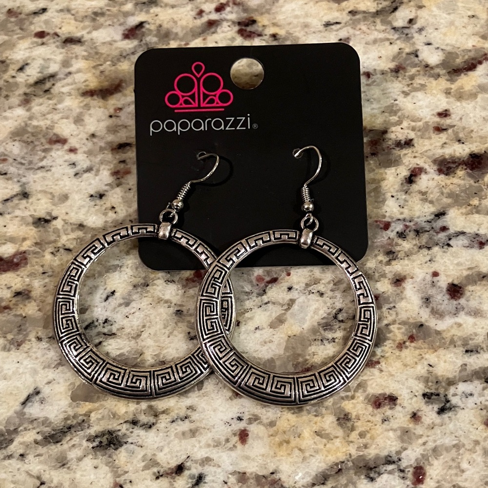 Paparazzi Silver Greek Key Hoop Earrings Statement Dangle Boho Jewelry Black